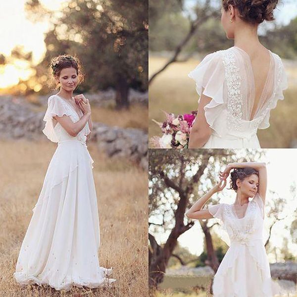 Abiti da sposa stile hippy bohémien economici Abito da sposa a trapezio da spiaggia Abiti da sposa Abito boho in chiffon di pizzo bianco senza schienale