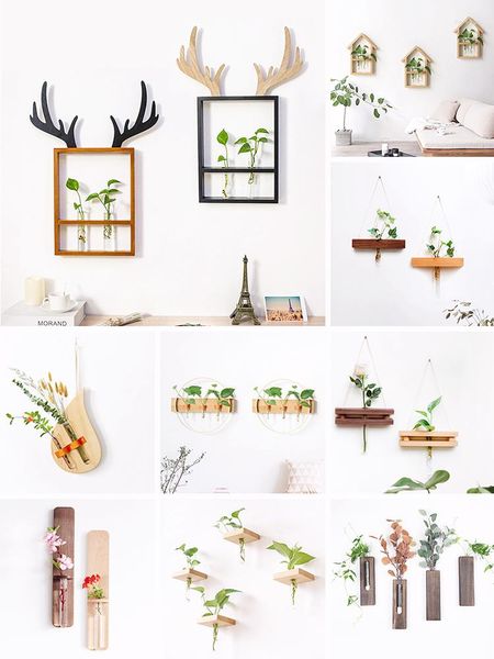 Vasi da appendere alla parete Terrario Fiore Fioriera in vetro Propagatore per piante da giardino Vaso in legno Decorazione idroponica