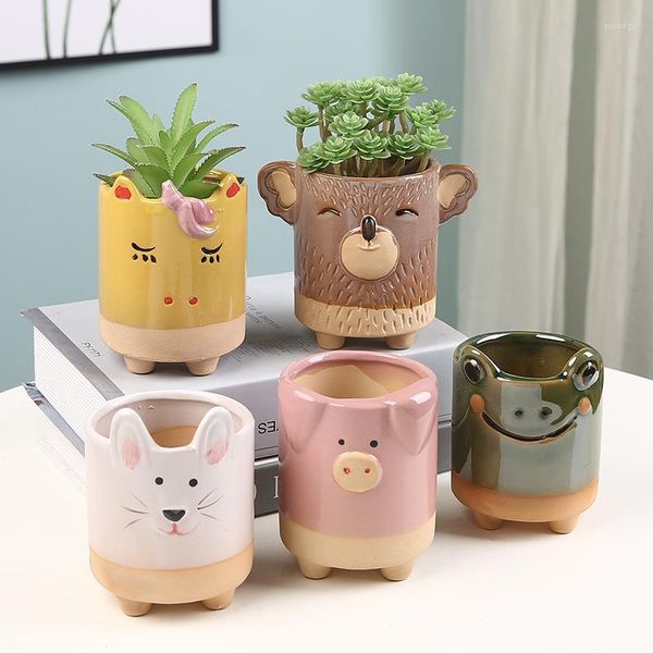 Vasos Animal fofo Animal Cerâmica Flowerpot reto Tubo colorido recipiente de desenho animado Decoração de caneta para o comércio exterior