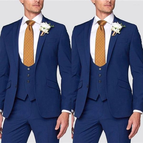 Terno masculino Terno de três peças Navy Azul formal de coletor de gola em alta marinha Slim Fit