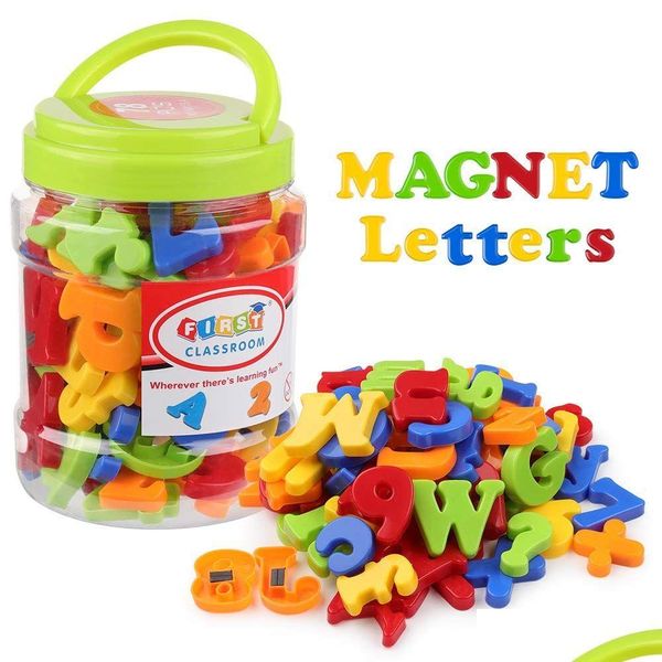 Magneti per frigorifero 78Pcs Lettere magnetiche Numeri Alfabeto Colorf Set di giocattoli educativi in plastica Apprendimento prescolare Ortografia Conteggio Goccia Dhnmg