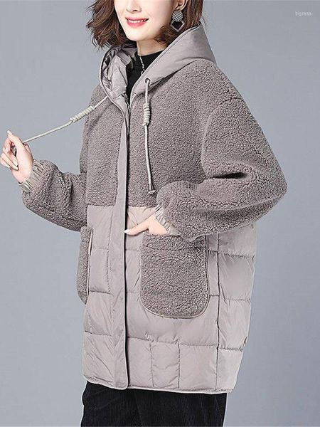 Damenjacken 2023 Winter Daunen Baumwolle Parker Frauen Mit Kapuze Mittellanger Mantel Lose Lässige Lammwolle Nähte Parka Damen Outwear