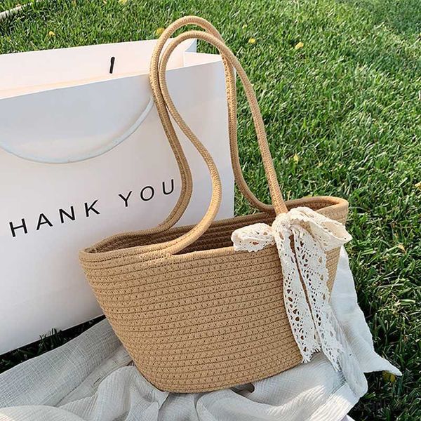 Altre borse Nuova borsa di paglia con nastro estivo per donna Borsa a tracolla con secchiello Robbin intrecciato Borsa da spiaggia al mare per le vacanze Borsa casual in rattan