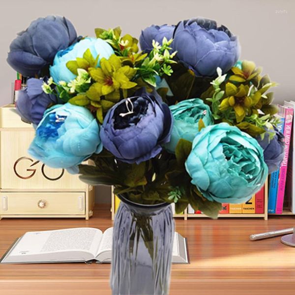 Fiori decorativi 2X Peonia blu artificiale 13 teste Bouquet di fiori Festa di nozze El Dec