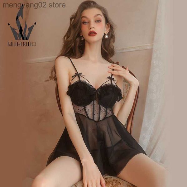 Pigiama sexy Mulherelfo Lingerie sexy See-Through Mesh Hollow Sling Indumenti da notte Donna Sleep Dress Esotico Backless Lace Sleepwear Donna Camicie da notte T230529