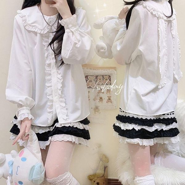 Camisas QWeek kawaii camisetas harajuku blusas femininas japonesas lolita estilo coelho orelhas de renda doce garota macia branca lã de manga longa de manga longa