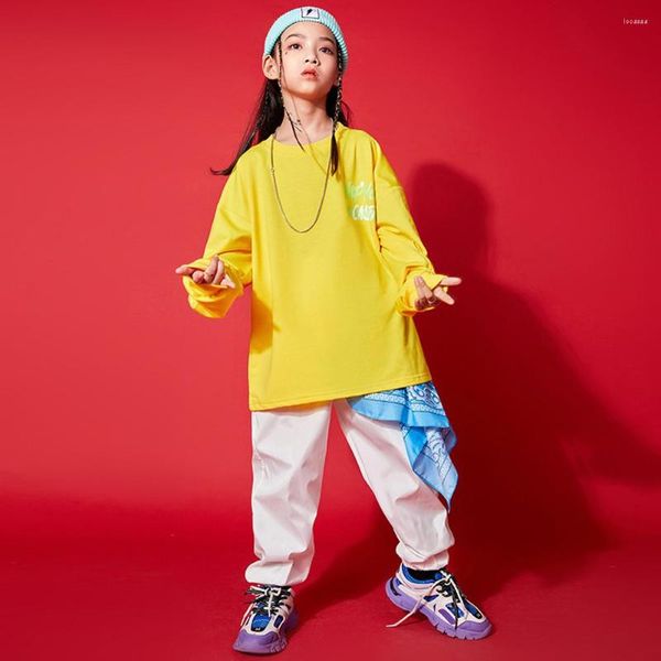 Bekleidungssets Bekleidungssets Cool 4–16 Jahre Gelbes Langarm-T-Shirt-Oberteil für Kinder Mädchen Weiße Sporthosen Hip-Hop-Kostüm Kinder Streetwear