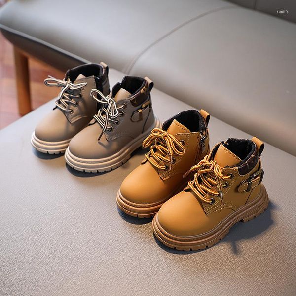 Botas baby 0-12 anos de couro de couro tornozelo bota coreana de moda feminina sapatos sólidos outono de inverno de inverno meninos tamanho 21-36