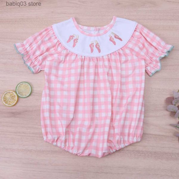 Strampler 0-3T Neugeborenen Baby Mädchen Kleidung Rosa Plaid Strampler Mit Cartoon Schuhe Stickerei Sommer One-stück body 2023 Heißer T230529