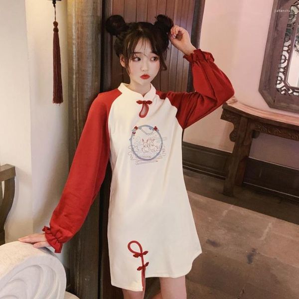 Повседневные платья Японское винтажное каваи женское красное платье китайское стиль с длинным рукавом милый принт мини -магазин 2023
