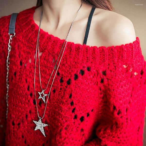 Ketten Frauen Hohl Stern Anhänger Halskette Pullover Kette Mehrschichtige Strass Intarsien Dekorative Mode Schmuck Geschenk