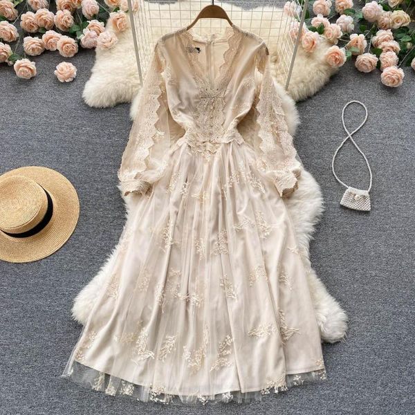 Vestidos casuais vestido A-line elegante para mulher Autumn Puff de manga comprida Malha de renda em malha de renda em femme vestidos coreano mulheres mulheres