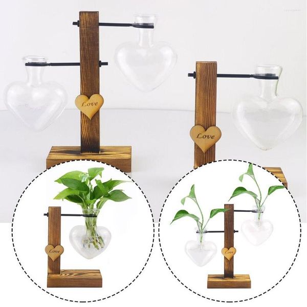 Vasen Moderne transparente Glashydroponik-Blumenvase Holzrahmentopf Herzform Klare Tischplatte Pflanze Wohnkultur