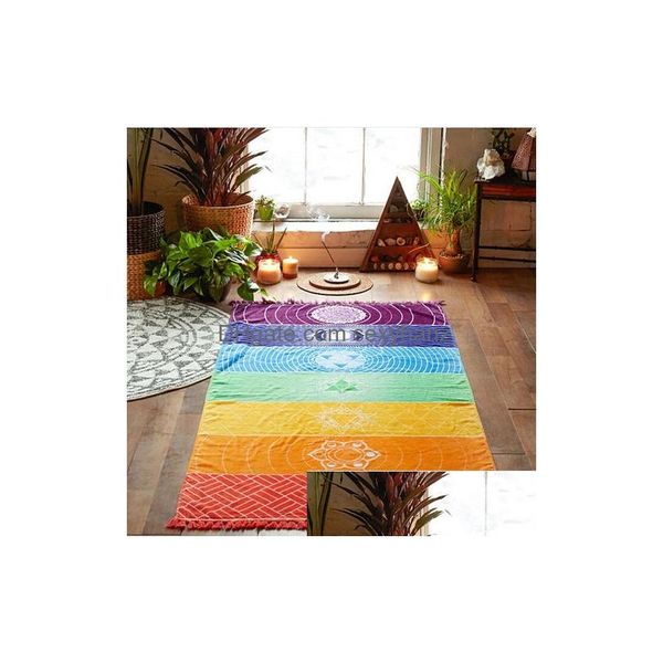 Sciarpe all'ingrosso Sciarpa a strisce arcobaleno Boemia Appeso a parete India Mandala Coperta 7 Chakra Arazzo colorato Estate Boho Telo mare Dhccy