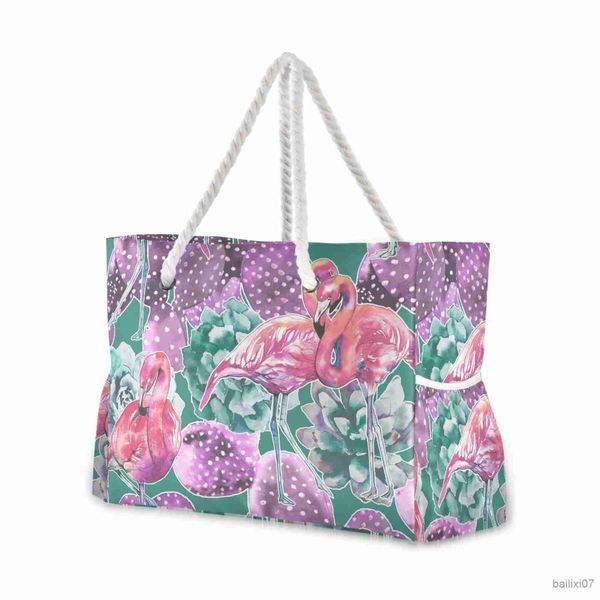 Andere Taschen Große Einkaufstasche für Frauen, Sommer, Strand, Stoff, weich, große Handtasche, weiblich, große Vintage-Sukkulenten und Flamingos-Tasche mit Henkel