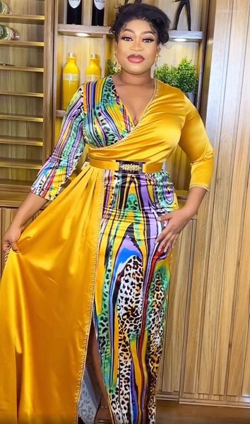 Ethnische Kleidung afrikanische Druckkleider für Frauen Sommer Mode v-Nacken Langarm Polyester schwarzes grünes gelbes Kleid Maxi