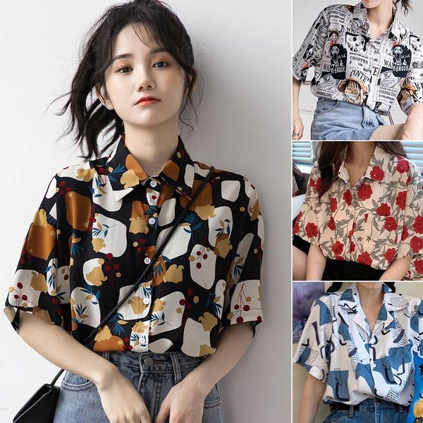 Hemden für Damen, Strandhemd, schick, lässig, kurzärmelig, T-Shirts für Mädchen, niedliche Kleidung, Einteiler, Anime-Muster, Sommer-Top, koreanische Mode