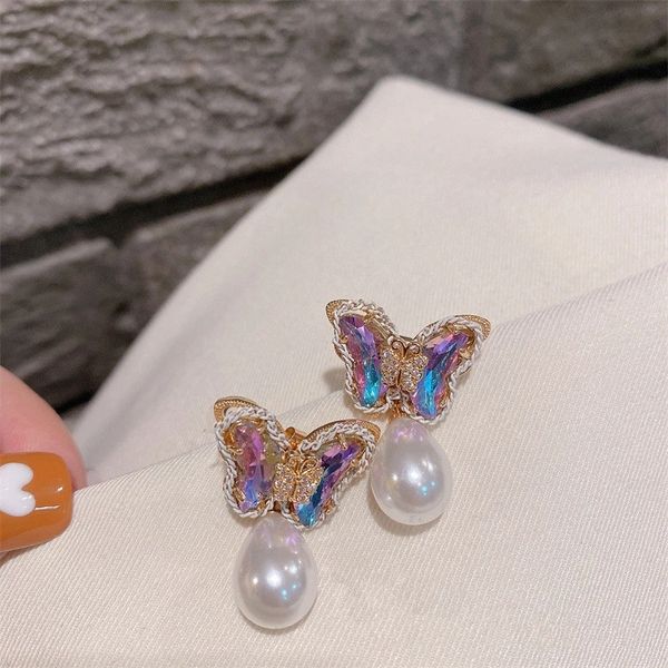 Schöne Perlen-Kristall-Schmetterlings-Tropfenohrringe, personalisierbar, schlicht, modisch, passend zu Brincos feminino
