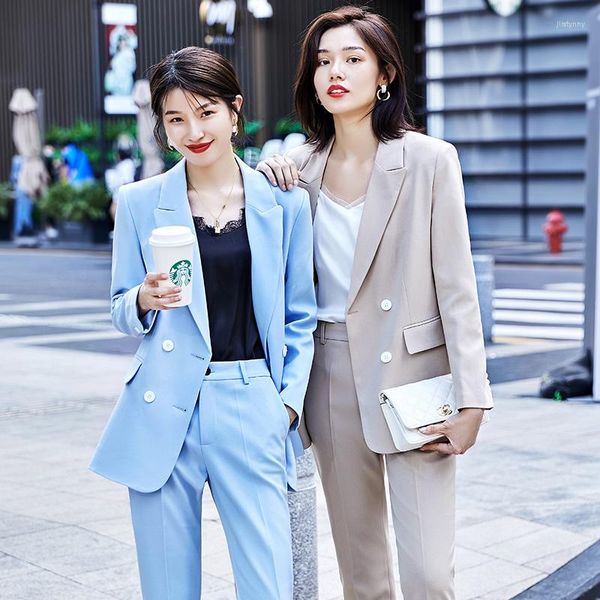 Kadınlar iki parçalı pantolon moda gökyüzü mavi blazer kadınlar iş takımları pantolon ve ceket setleri ofis bayanlar