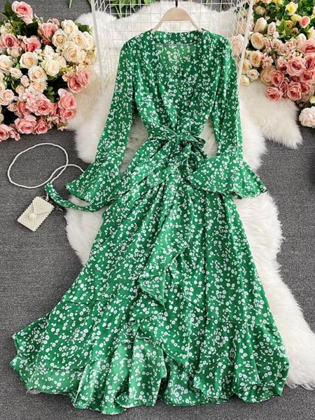 Abiti casual Summer Beach Maxi Dress Women Floral Boho Long Chiffon Ruffles Party Vestidos Moda femminile One Pieces Holiday Mujers