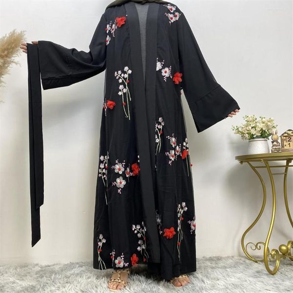 Roupas étnicas flor bordadas abertas abaya dubai mulheres maxi vestido muçulmano eid abayas quimono cardigan manto islâmico jalabiya kaftan