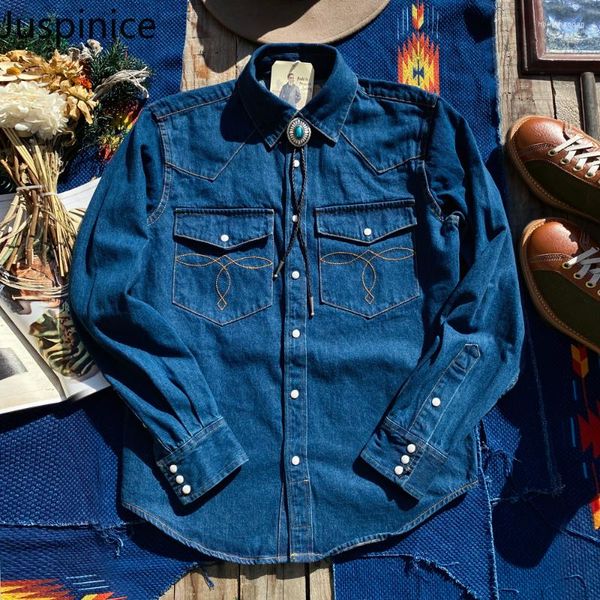 Camicie casual da uomo Juspinice Retro Denim manica lunga risvolto con bottoni camicette stile americano camicia classica a fiori tascabili abiti maschili primaverili