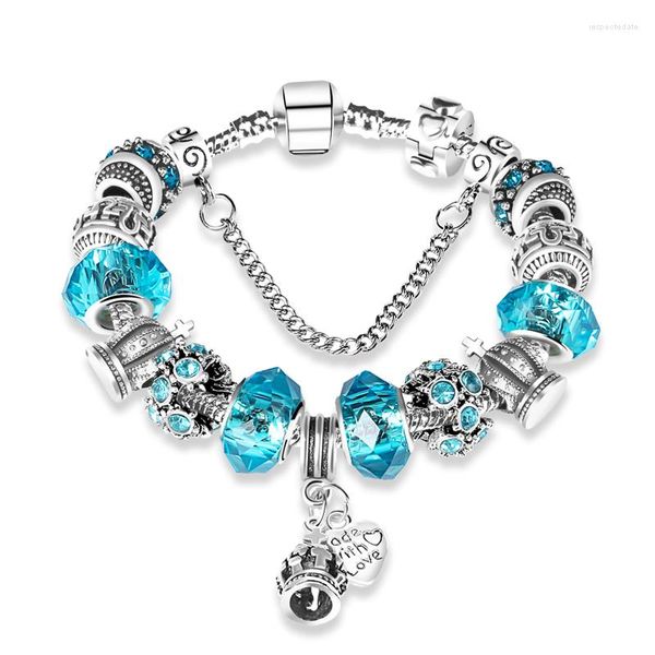 Bracelets de charme Annapaer 2023 Luxury Pulcera Silver Plated Crown Heart Charms Bullles Blue Crystal Contas for Women DIY Jóias B15098