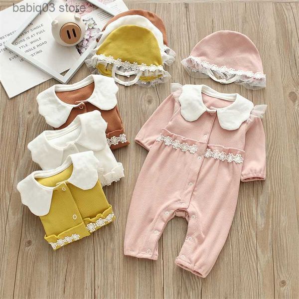 Pagliaccetti Primavera Autunno Neonata Neonata Vestiti di un pezzo Fiori Ragazze Tuta Set Tuta + Cappelli T230529