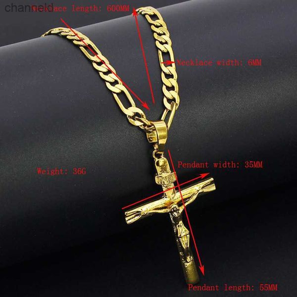 Reale 24k Giallo Solido Fine Grande Ciondolo 18ct THAI BAHT G/F Oro Gesù Croce Crocifisso Charm 55*35mm Collana a catena Figaro L230518