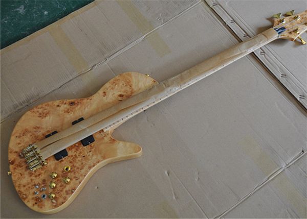 4 Dizeler Doğal Ahşap Renk Elektrikli Bas Gitar Burl Spalted Maple Üst Bir Parçalı Boyun Kül Vücudundan 9V Pil Aktif Pikap Akçaağaç Klavye Altın Donanım