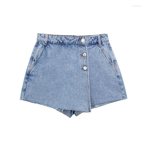 Frauen Shorts YENKYE 2023 Frauen Vorne Geknöpfte Wrap Denim Röcke Vintage Hohe Taille Taschen Unvollendeter Saum Weibliche Sommer Skort