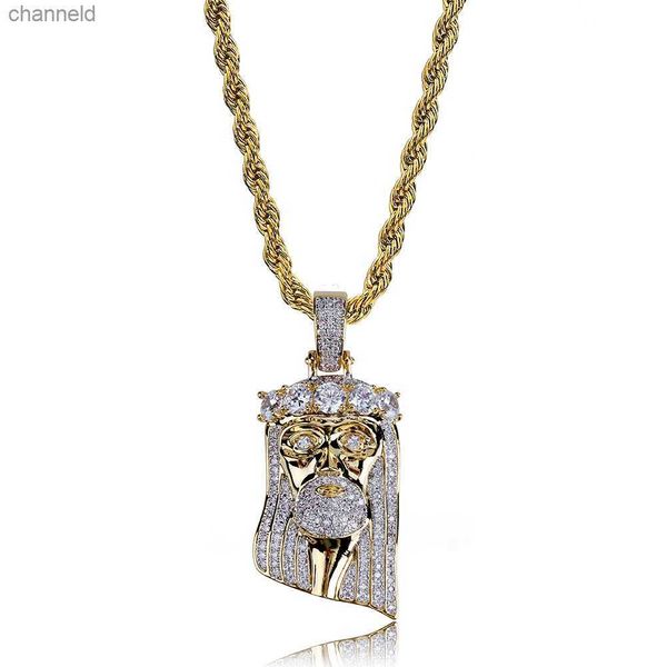 Новый медный золотой цвет, покрытый льдом, Иисус лицо подвесное ожерелье Micro Pave Cz Stone Hip Hop Bling Jewelry L230518