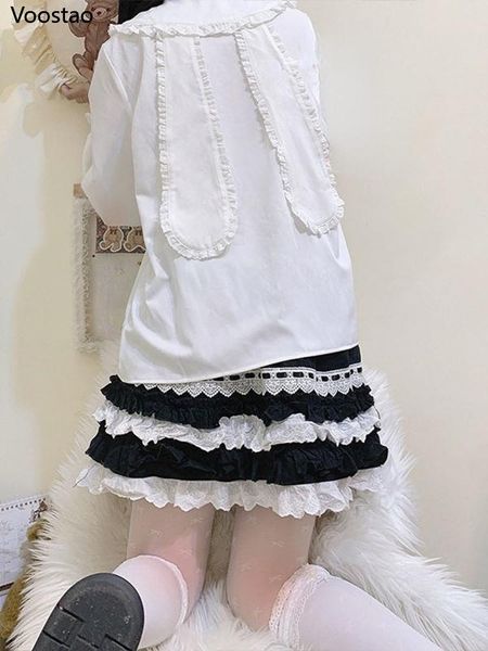 Shirt Sweet White Lolita Style Bluses Women Kawaii Rabbit Orers Peter Pan Collar Chirts Girly Cute Ruffles Patchwork Tops a maniche lunghe