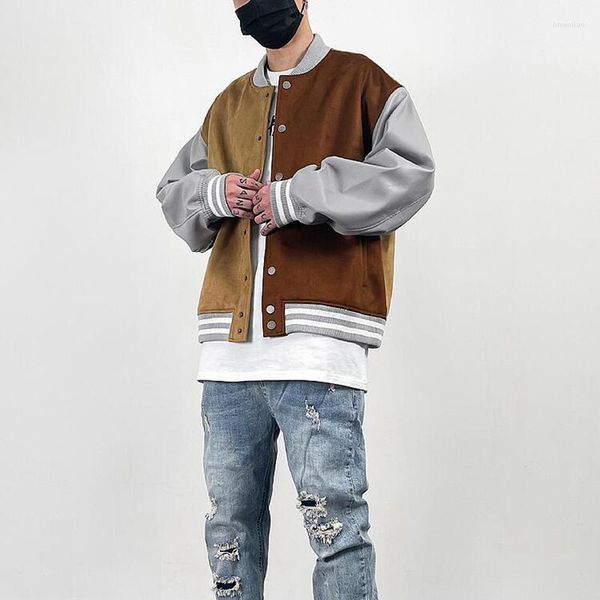 Giacche da uomo Harajuku Streetwear Maglia da baseball colorblock da uomo Mosaic Patchwork Giacca in pelle scamosciata Cappotti Autunno e inverno Unisex Hip Hop