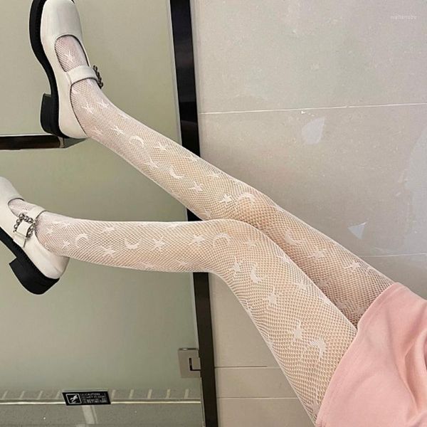 Calze da donna Giapponese Sexy Collant a rete Punk gotico Moon Star Pattern Jacquard Collant Harajuku Lolita Kawaii Scava fuori Mesh Hosier