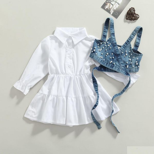 Kleidung Sets Mode Kinder Baby Mädchen Kleidung Einfarbig Langarm Hemd Kleid Denim Perlen Weste 2 stücke Outfits 230523 Drop Del Dhjbc