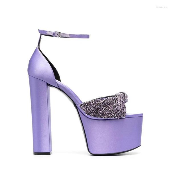 Sandali Piattaforma con fiocco in cristallo di raso viola Donna Décolleté con tacco grosso rosa estivo Cinturino alla caviglia nero Scarpe da festa di design di lusso