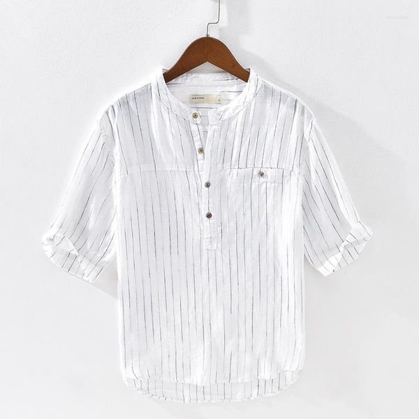 Мужские повседневные рубашки мужская рубашка пулопер Полосатый летний летний дышащий льняной платье с половиной рукава camisas para hombre ts-631