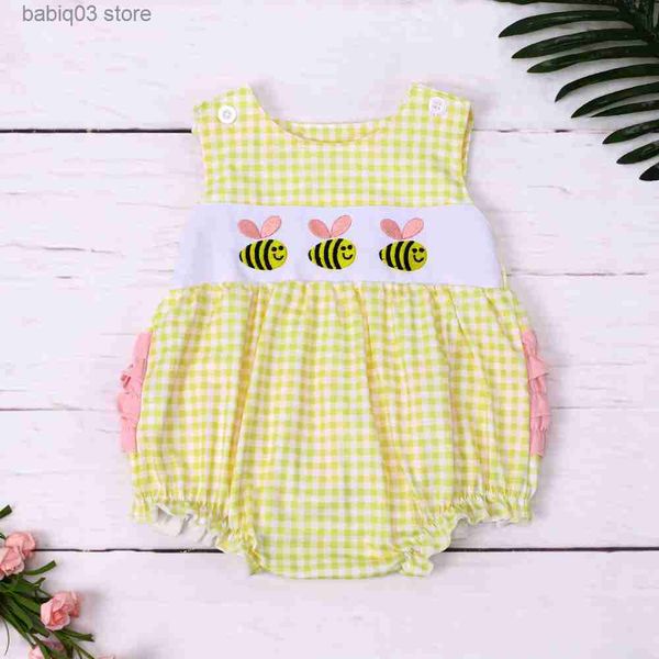 Pagliaccetti New Born 0-3T Pagliaccetto Babi Vestiti per ragazze Cute Bee Ricamo Body Outfit Manica Giallo Pantaloncini di un pezzo Tuta di pizzo rosa T230529