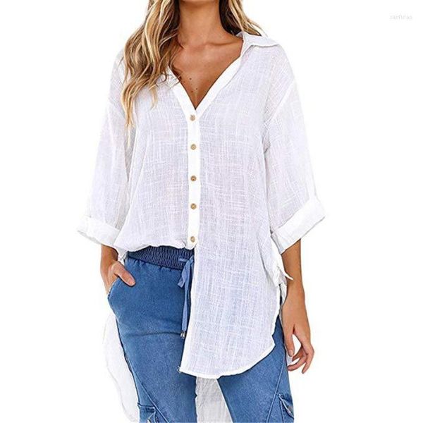 Blouses feminina Lace Summer Up Up-decote em V Camisa solta Mulheres de manga longa Casual Solid Plus Tamanho Tops de camisas brancas Mulher BLUSA