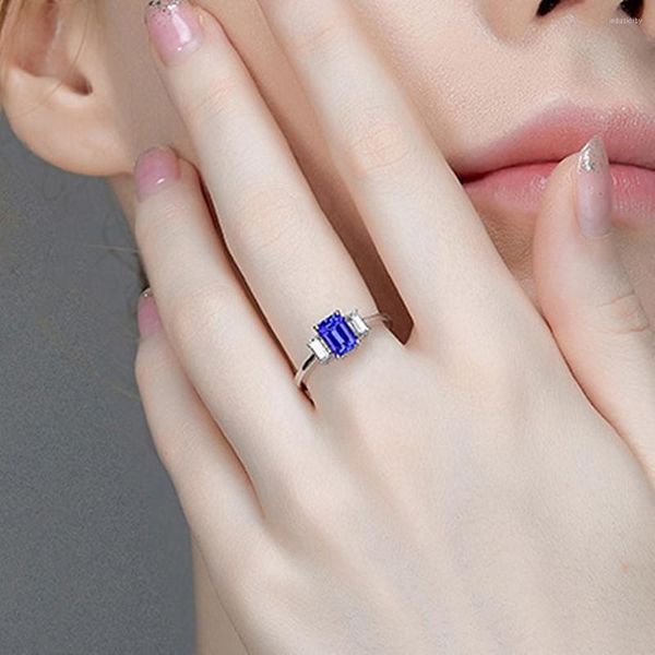 Cluster Rings Concise Chic Blue Crystal Sapphire Gemstones Diamonds For Women White Gold Silver Color Trendy Fine Jewelry Bague Bijoux