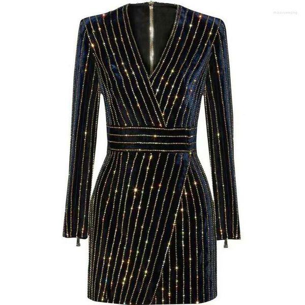 Casual Kleider Frauen Elegante Mini Kleid 2023 Schwarz V-ausschnitt Langarm Bling Mode Büro Party Vestidos