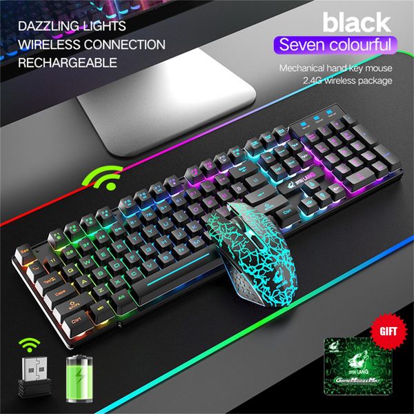 Combos Teclado para jogos sem fio Conjunto de mouse para jogos Rainbow LED Retroiluminado Mouse Gamer Teclado recarregável para laptop PC Jogos de computador 10