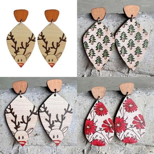 Baumelnde Ohrringe Weihnachtsbäume Rudolph Print Holz Tropfen Frauen Tropfenform Kreative fröhliche Geschenke Großhandel