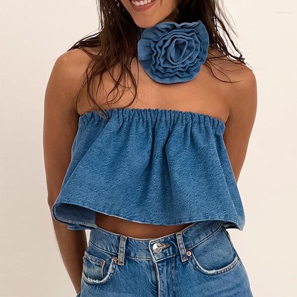 Canotte da donna Denim Flower Top senza spalline Vintage Tube Corset Monopetto Estate Sexy Chest Crop Backless Elastic Off Shoulder Donna