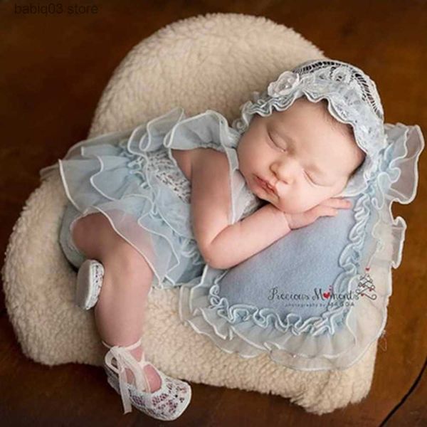 Strampler 0-1 Monat Baby Mädchen Kleidung Spitze Kissen Hut Stirnband Neugeborenen Fotografie Requisiten Kleid Prinzessin Outfit Für Foto schießen Zubehör T230529