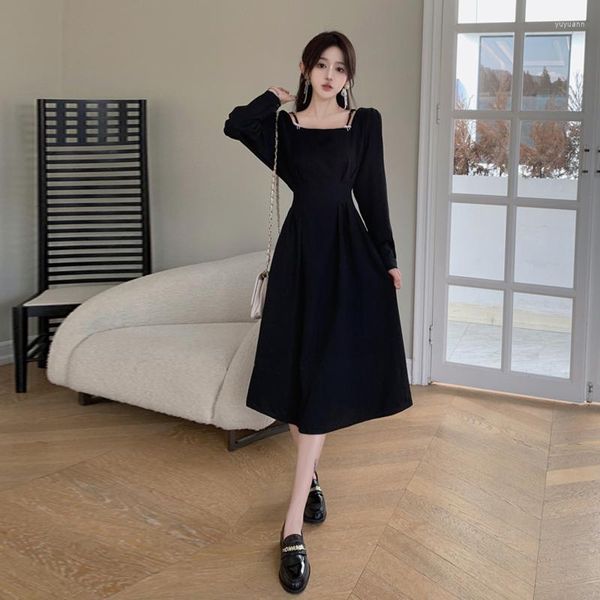 Abiti casual Abito con cinturino con colletto quadrato francese Abito da donna vintage al ginocchio A-Line Diner Maniche lunghe da donna Coreano nero