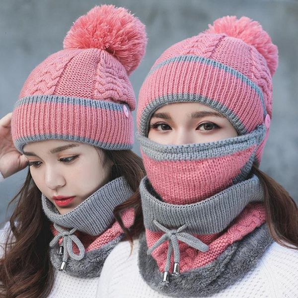 Açık Hava Şapkaları 3 Parçalı Boz Anti-Boz Şapkası Seti Kadın Kış Beanie Velvet Kalın Bib Yüz Maske Toz Kapağı Kalın Sıcak Örme Yün Şapka 230526