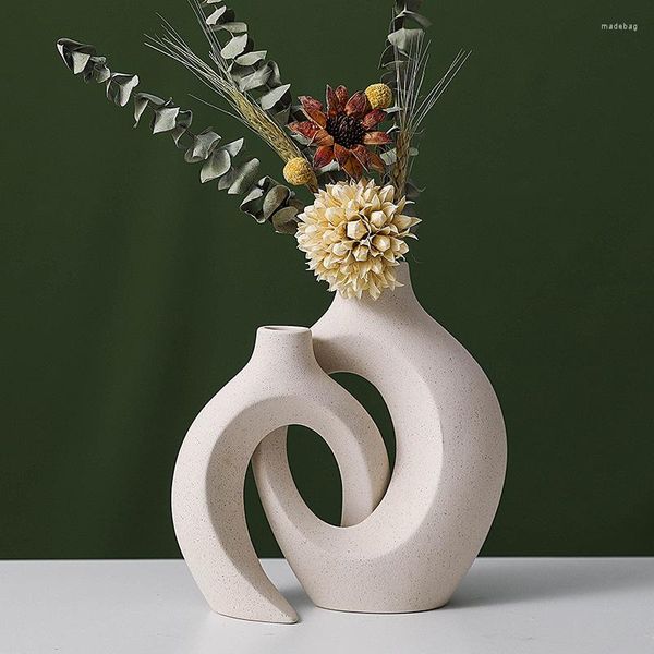 Вазы 2pc Nordic Style Ceramic Vase Hollow Donuts Flower Pot для домашнего офиса гостиная
