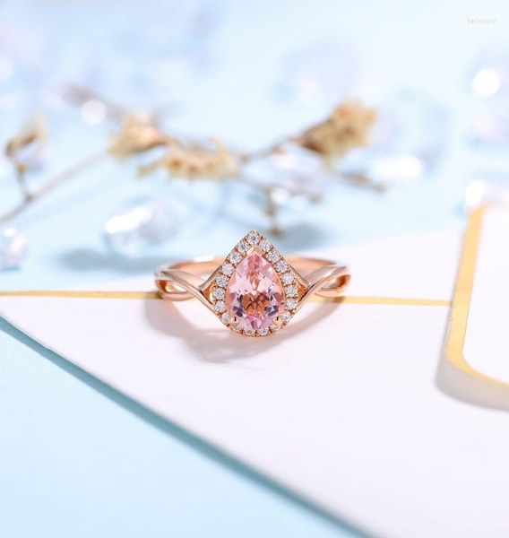 Anelli a grappolo Anello di fidanzamento in moissanite con morganite con taglio a pera Solido oro rosa 18 carati 6 8mm per regalo di anniversario delle donne